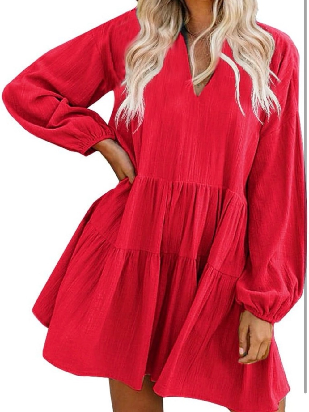 Fancylin Red V-Neck Tiered Women's Dress
